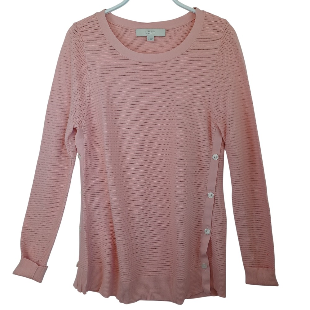 LOFT Pink Textured Knit Button Side Crew Neck Sweater Women's Medium